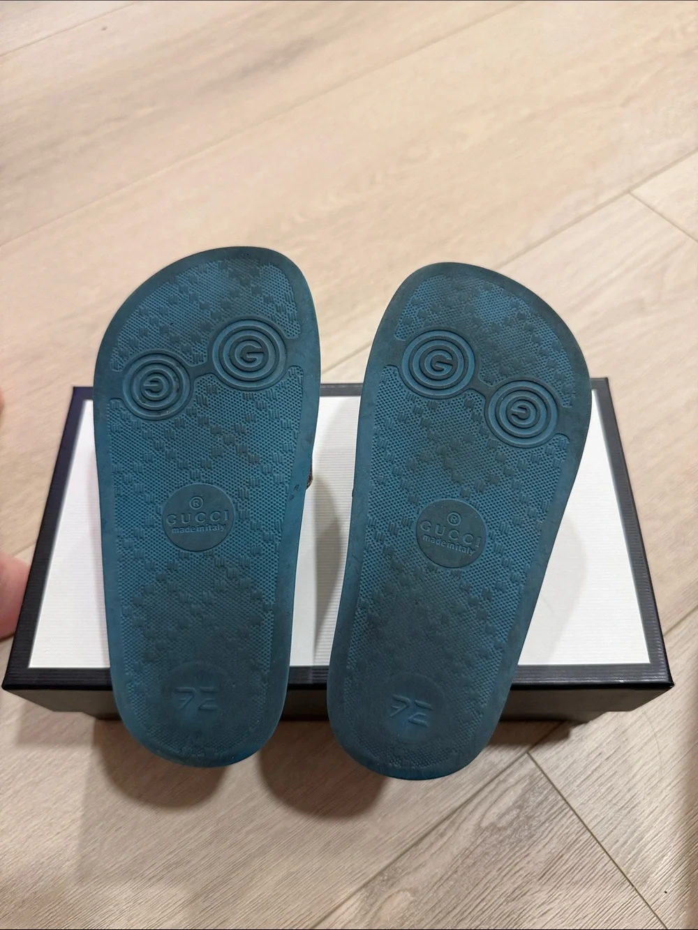 Gucci Blue Slide Sandals with Red and Navy Monogram Strap size 10